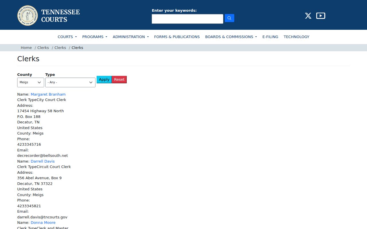 Meigs County warrant search source, Tennessee AOC clerk directory