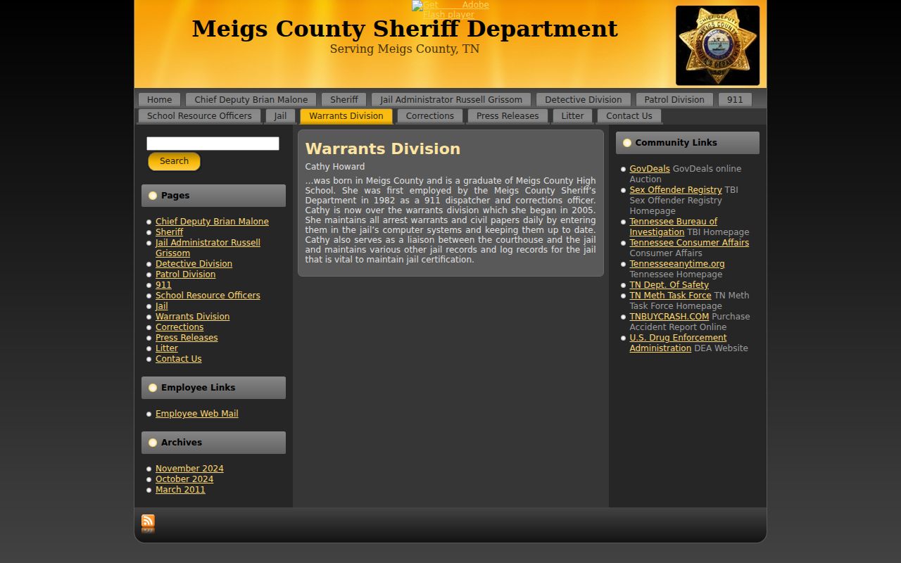 Meigs County warrant records source, Sheriff's Warrants Division page